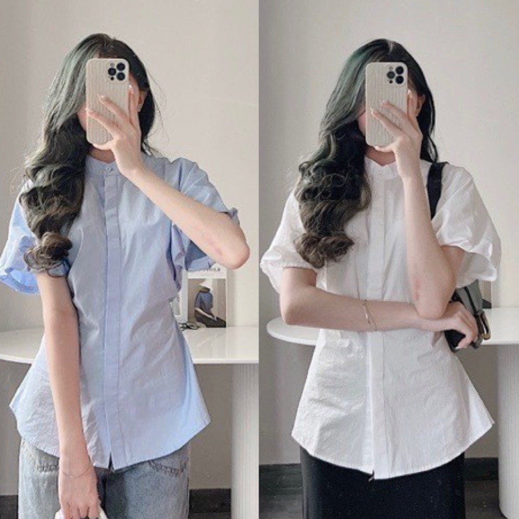 Áo sơ mi nữ kiểu hàn quốc cổ tàu thiết kế 2 dây có nhấn eo