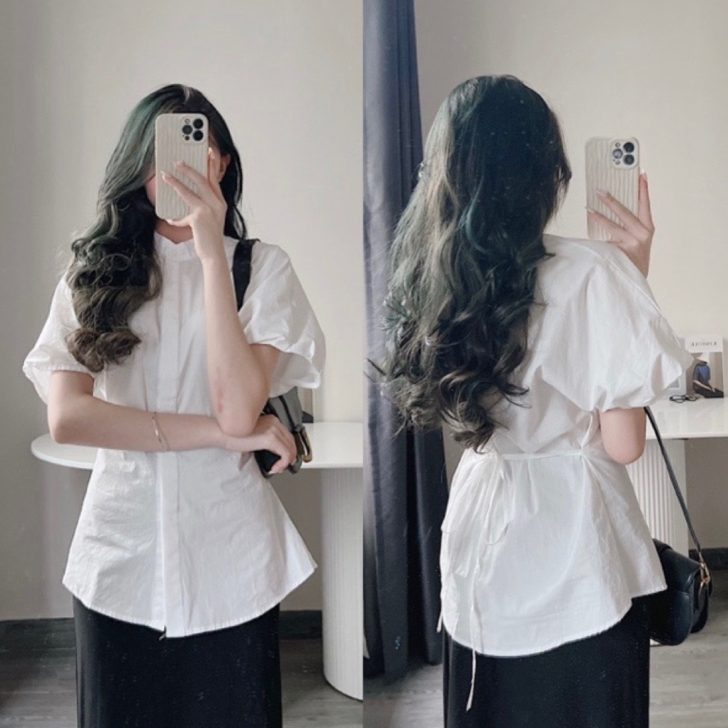 Áo sơ mi nữ kiểu hàn quốc cổ tàu thiết kế 2 dây có nhấn eo