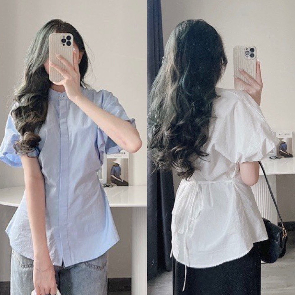 Áo sơ mi nữ kiểu hàn quốc cổ tàu thiết kế 2 dây có nhấn eo