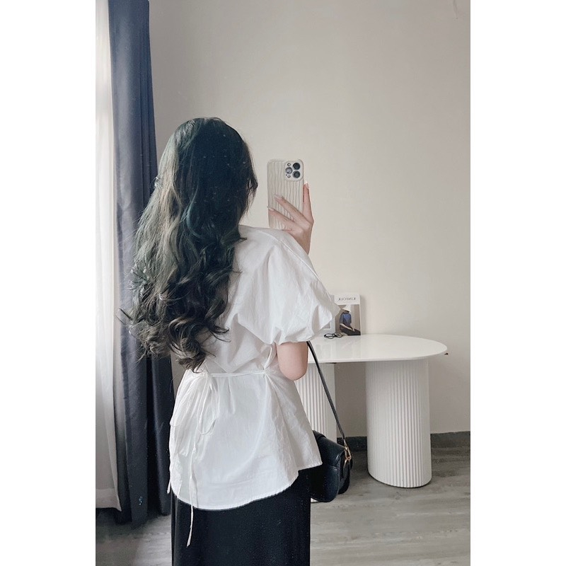 Áo sơ mi nữ kiểu hàn quốc cổ tàu thiết kế 2 dây có nhấn eo