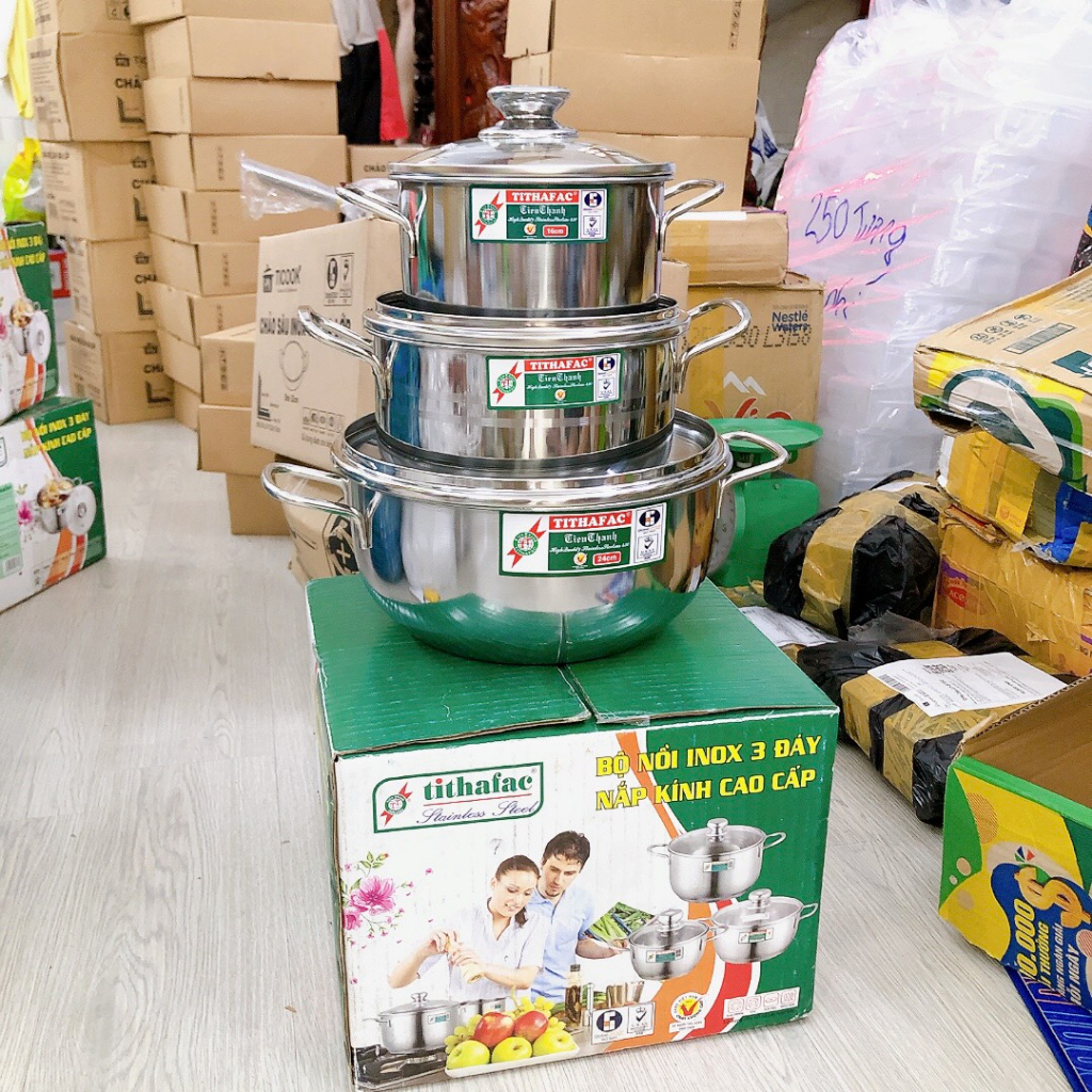 Bộ 3 nồi inox Nắp Kính TITHAFAC  cao cấp - Bộ 3 nồi inox size 16cm - 20cm - 24cm -dùng được mọi loại bếp