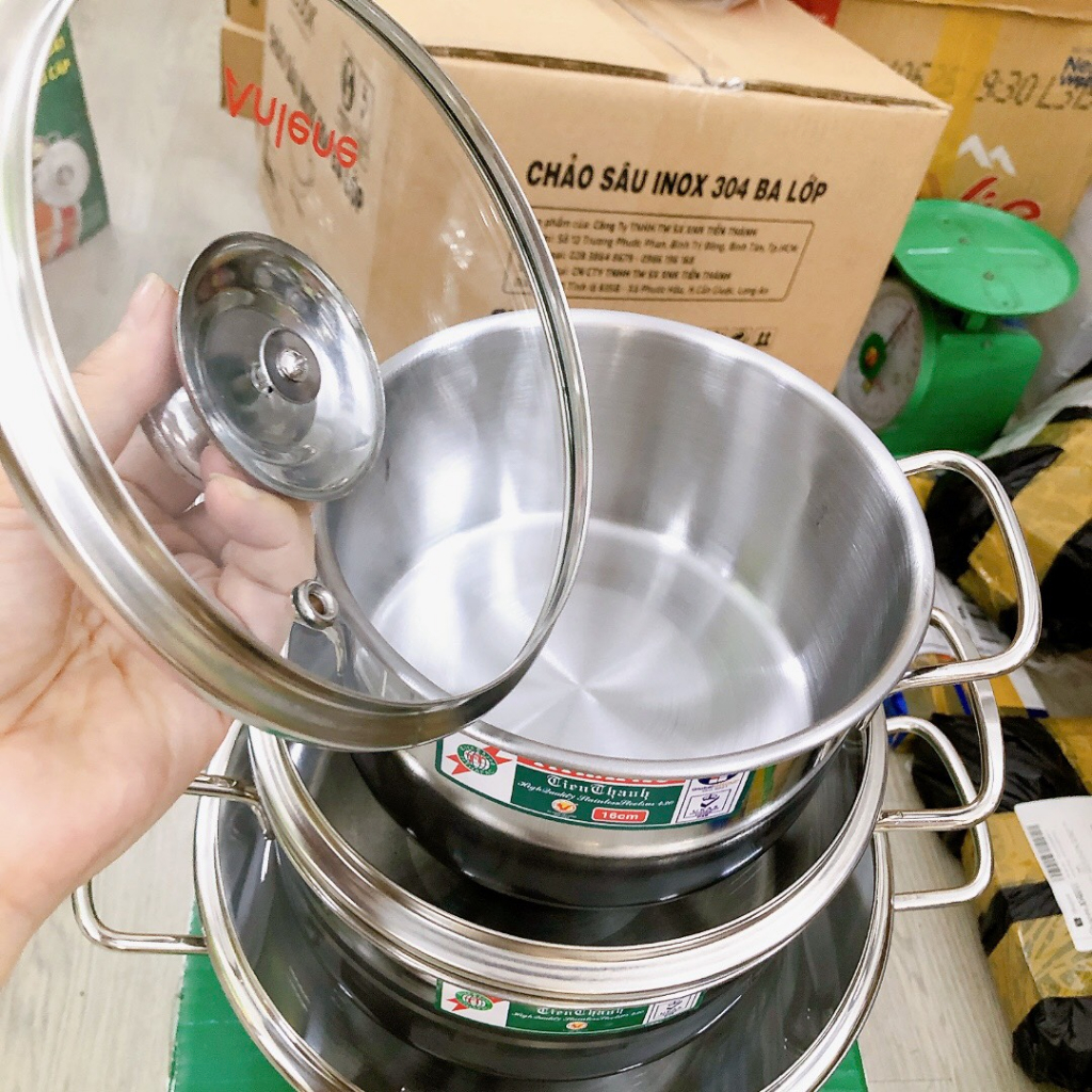 Bộ 3 nồi inox Nắp Kính TITHAFAC  cao cấp - Bộ 3 nồi inox size 16cm - 20cm - 24cm -dùng được mọi loại bếp