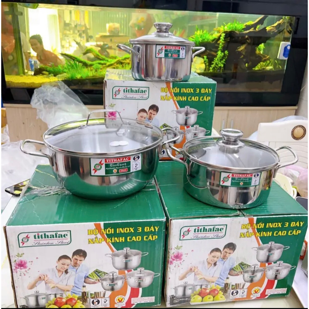 Bộ 3 nồi inox Nắp Kính TITHAFAC  cao cấp - Bộ 3 nồi inox size 16cm - 20cm - 24cm -dùng được mọi loại bếp