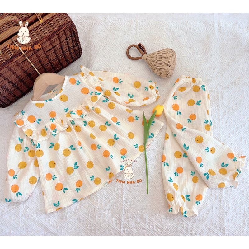 Bộ quần áo dài tay thu đông cho bé trai bé gái,DT cổ tròn cho bé mặc nhà vải xô muslin cho bé từ 5-15kg TNB