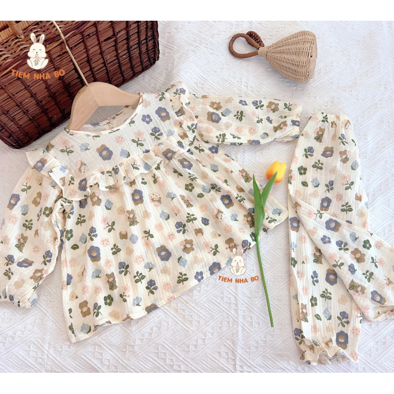 Bộ quần áo dài tay thu đông cho bé trai bé gái,DT cổ tròn cho bé mặc nhà vải xô muslin cho bé từ 5-15kg TNB