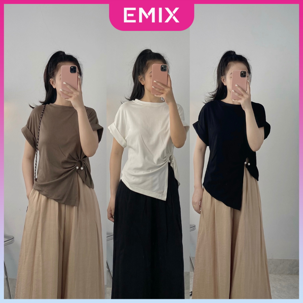 Áo thun nữ tay lật cách điệu EMIX, bó eo, cộc tay, dưới 60kg chất thun Hàn, phong cách năng động, đi chơi, mặc nhà 178