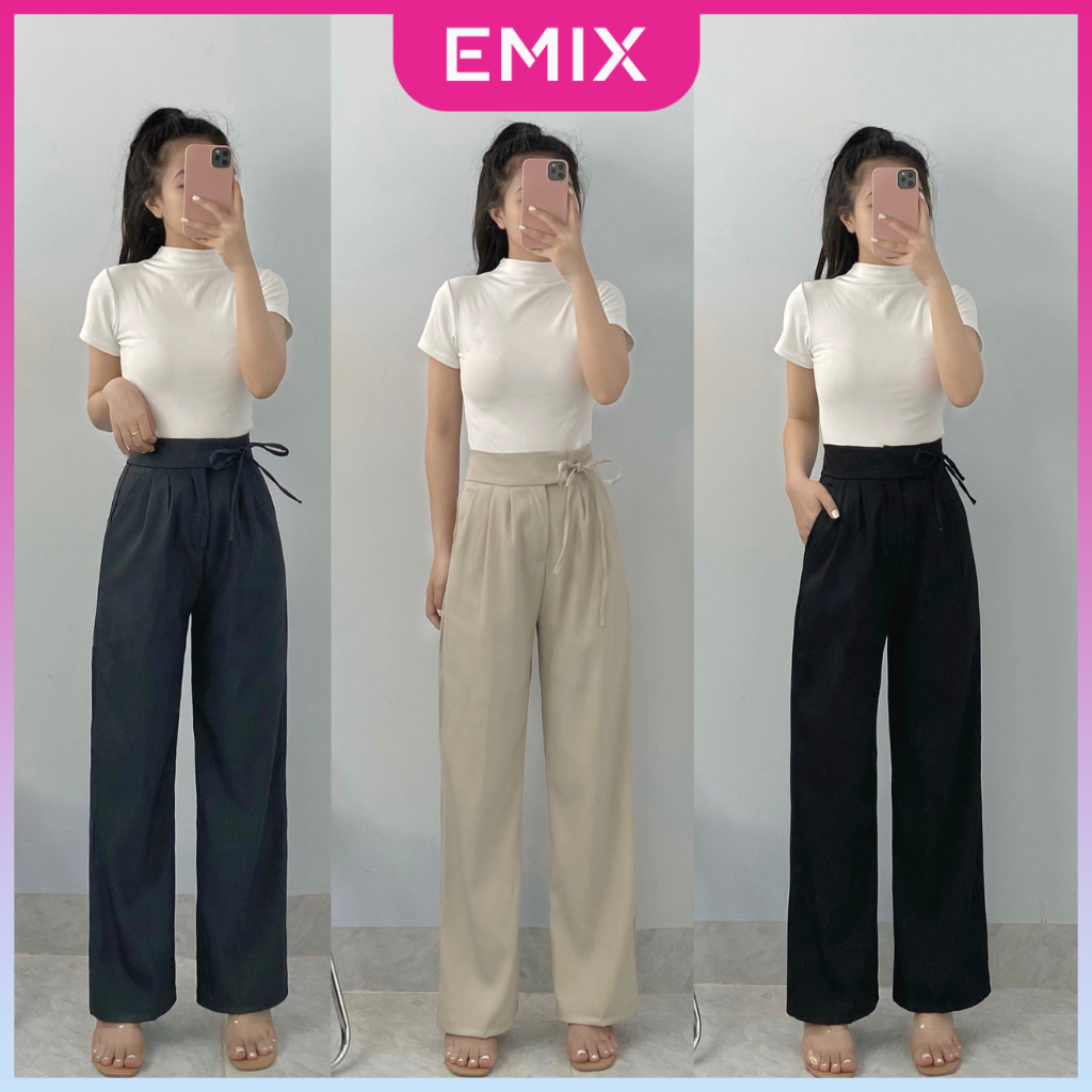 Quần vải xuông buộc dây EMIX (3 màu), basic trousers, dáng dài, cạp cao, ống suông, kèm dây đai, chất liệu tuytxi 534