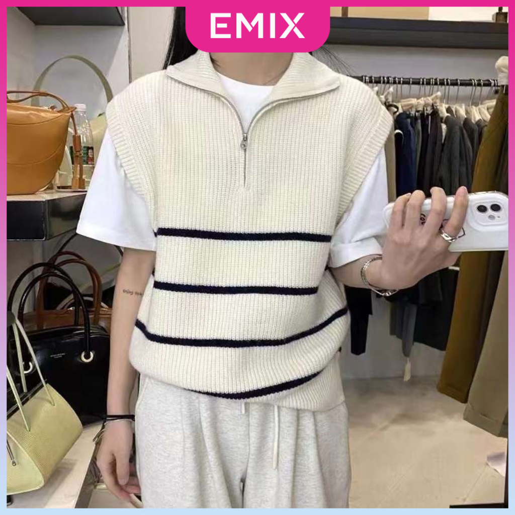 Áo gile len thu đông EMIX Hàn Quốc chất len mỏng phối khoá, phong cách basic 032