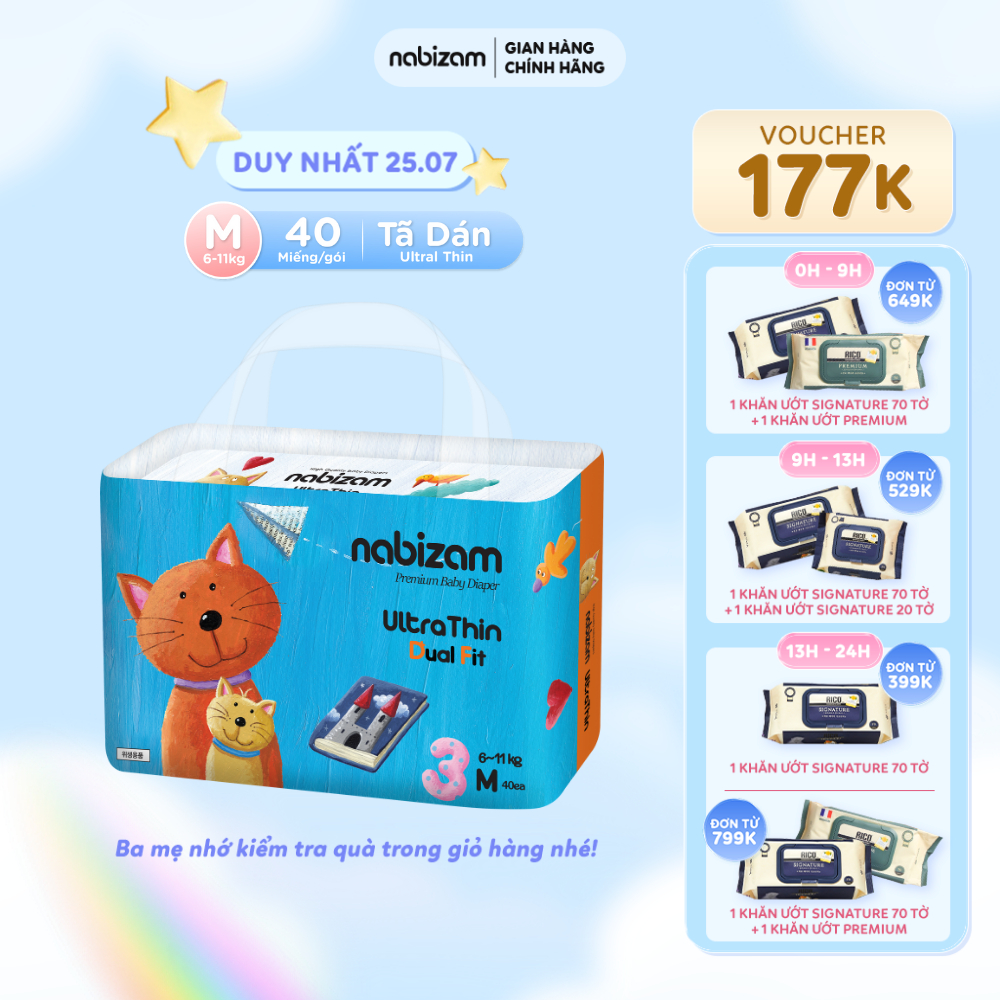 Tã/Bỉm Dán NABIZAM UltraThin Nội Địa Hàn Cao Cấp, Mỏng và Thấm Hút Tối Ưu Size M Cho Bé 6-11kg, 40 Miếng/Bịch