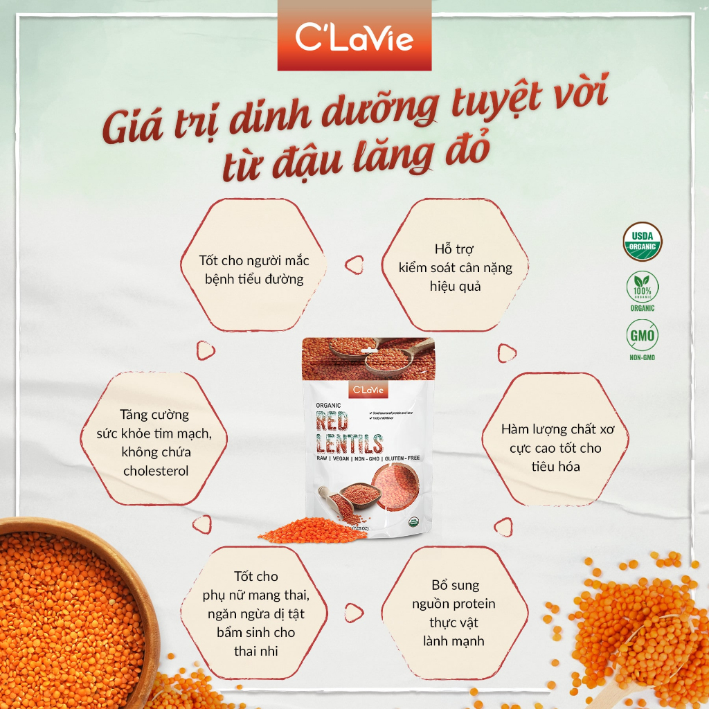 Ảnh Đậu lăng đỏ tách vỏ hữu cơ C'LaVie 200g 1