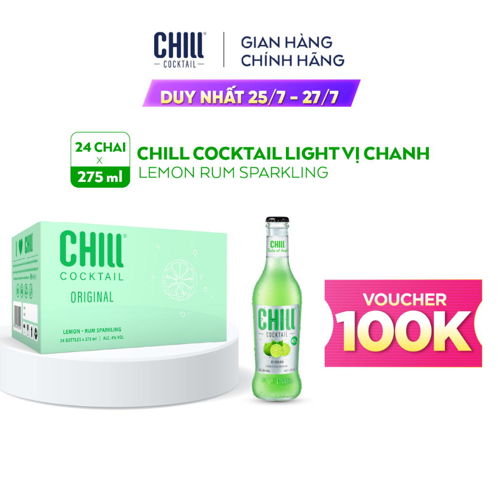 [Voucher 100K]Thùng 24 chai Chill Cocktail vị Chanh 275ml/chai