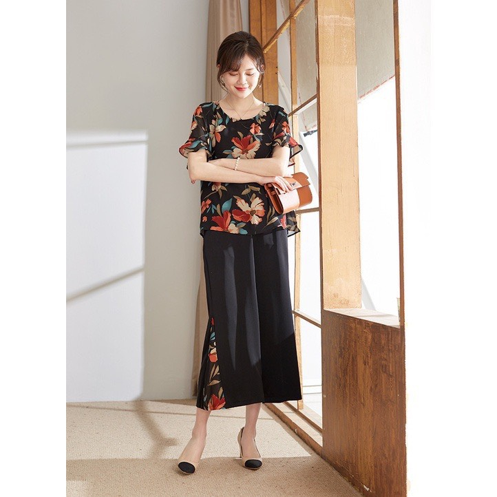 Ảnh Set Trung Niên Nữ MAI THY S901, Bộ Đồ Áo Voan Hoa Phối Quần Lụa 9 Tấc Ngắn Tay Sang Trọng | Thời Trang Trung Niên U40 2