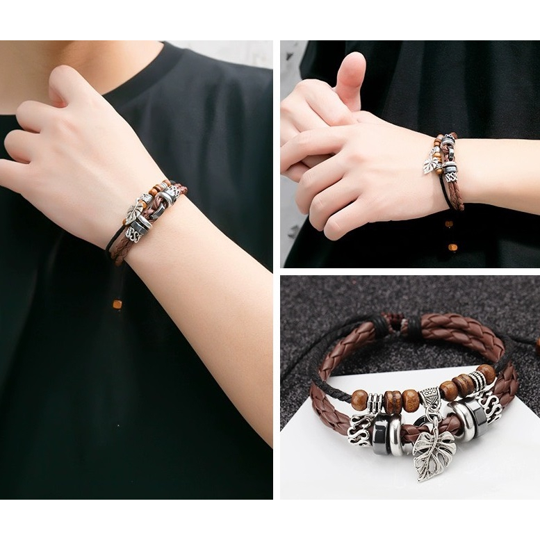 Vòng Tay Da Nam Lắc Tay Handmade Kuu Clothes Họa Tiết Chiếc Lá Phong Cách Cổ Điển Retro