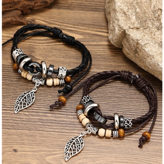 Vòng Tay Da Nam Lắc Tay Handmade Kuu Clothes Họa Tiết Chiếc Lá Phong Cách Cổ Điển Retro