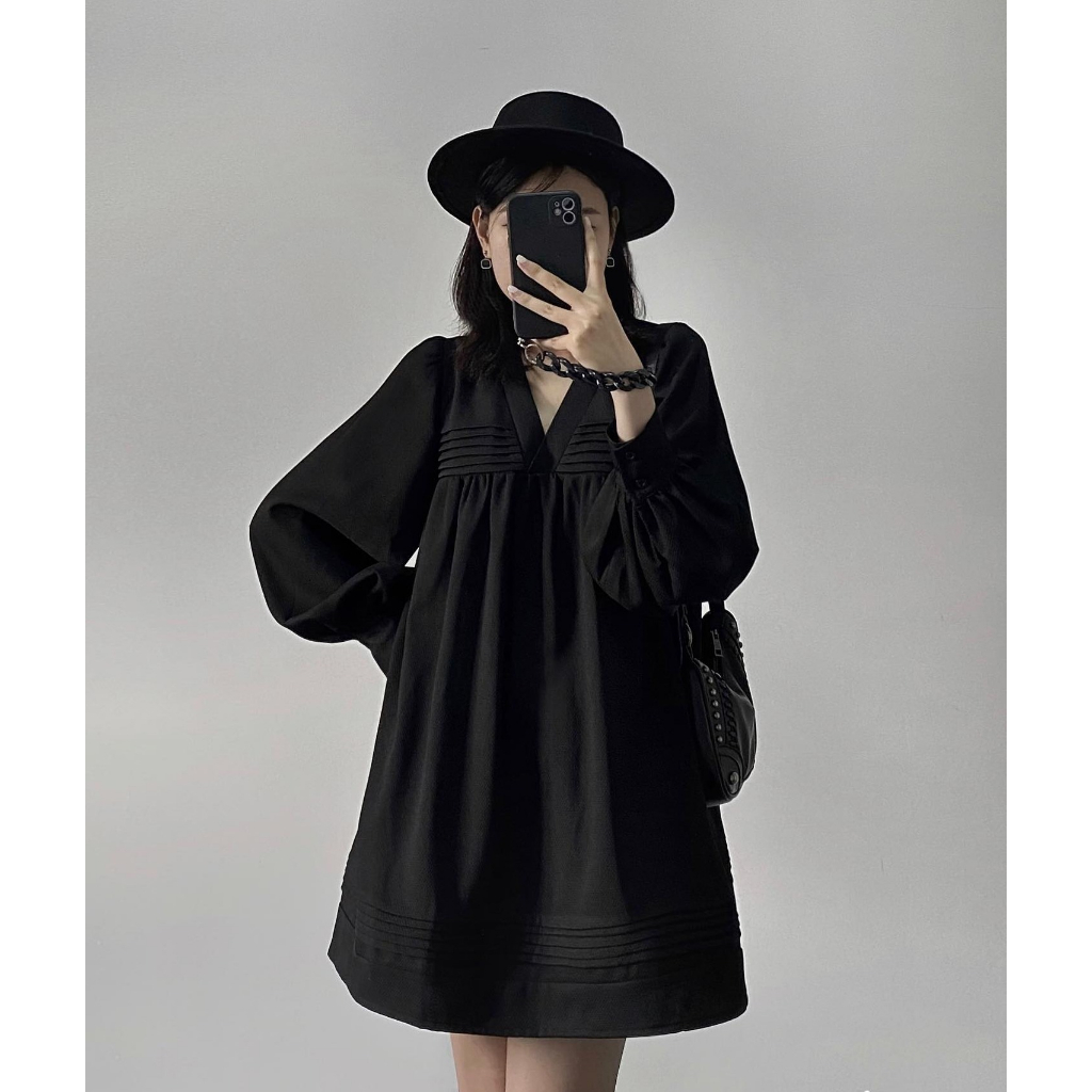 Đầm babydoll dài tay cổ V dáng ngắn 2 màu đen và trắng