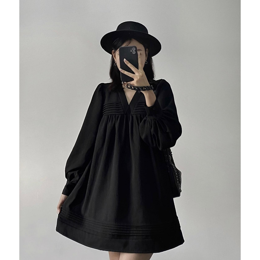 Đầm babydoll dài tay cổ V dáng ngắn 2 màu đen và trắng
