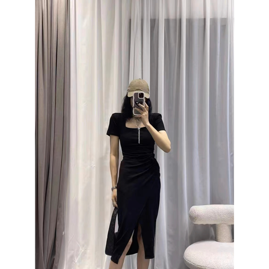 Váy cổ vuông dáng ôm nhún eo xẻ tà