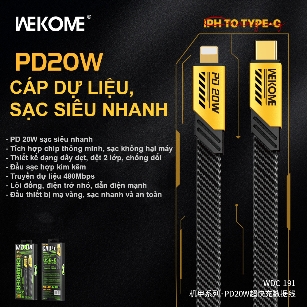 Cáp sạc nhanh WDC hỗ trợ sạc nhanh PD 20W/100W, chính hãng Wekome - Bảo hành 6 tháng