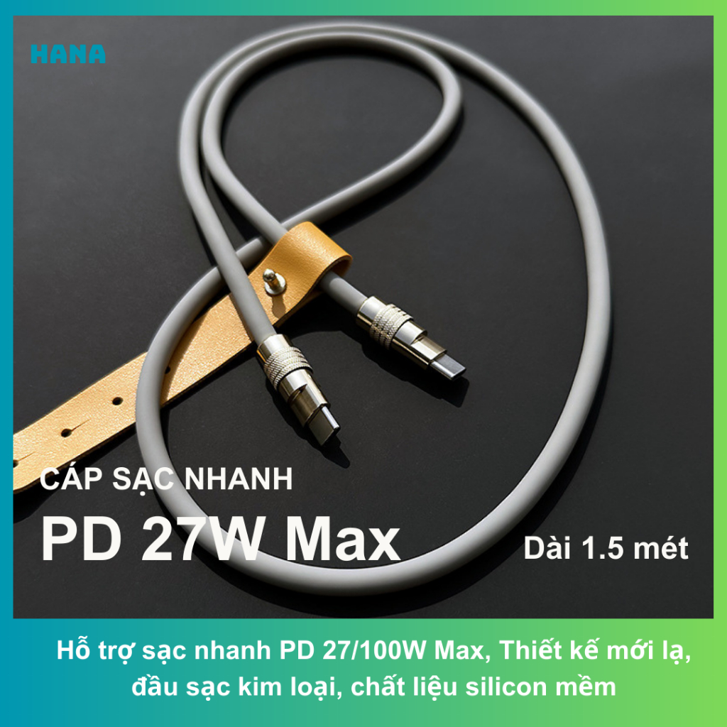 Dây cáp sạc nhanh Type C - Công suất PD 100W - Chất liệu silicon mềm - Dài 1.5 mét