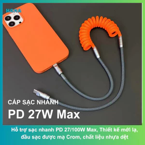 Dây cáp sạc nhanh Type C - L 27W/ Type C - Type C PD 100W Max/ USB - Type C/ USB - L12W lò xo 2 màu - Đầu