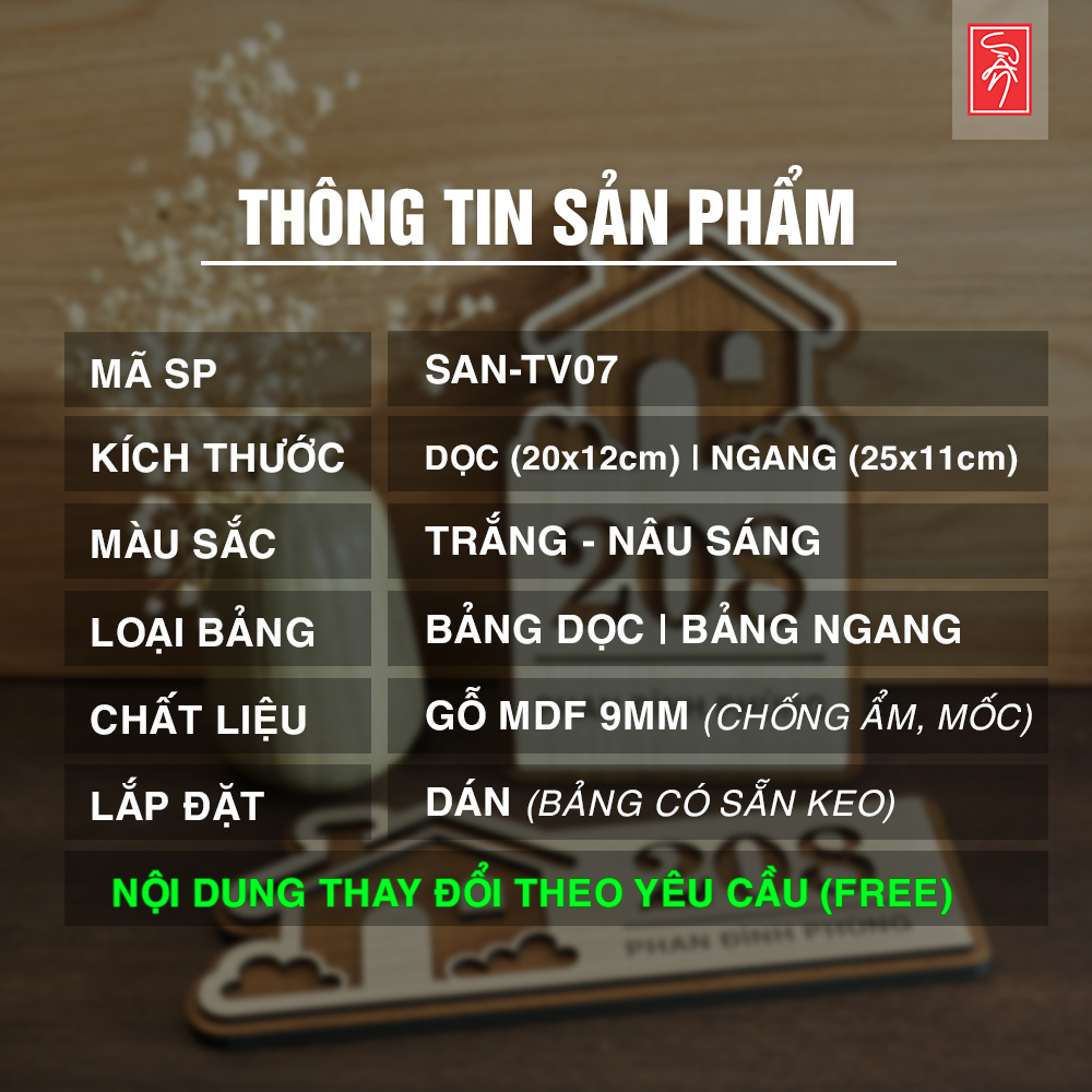 Bảng gỗ số nhà, số phòng chất liệu gỗ dán tường có sẵn keo (nội dung làm theo yêu cầu)
