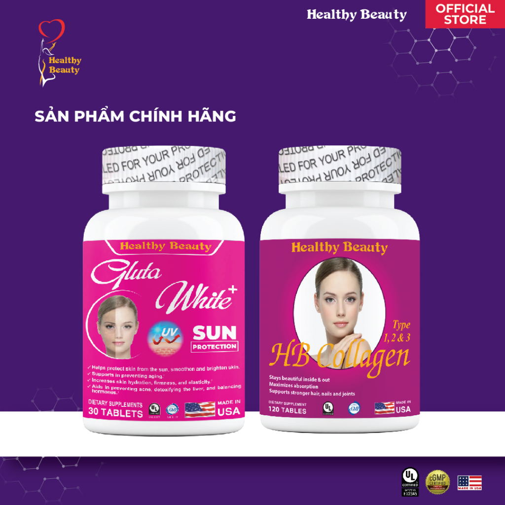 Combo Trẻ Hóa Làn Da Gluta White+ & HB Collagen Type 1,2,3 Healthy