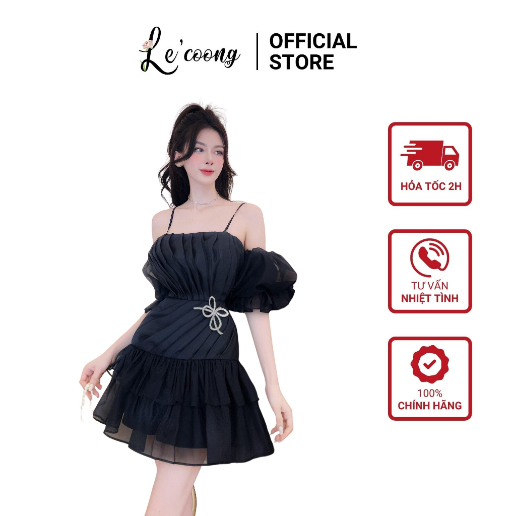 Váy Dự Tiệc Tay Bồng LECOONG V413 Đầm Trễ Vai Nơ Đá Xếp Ly Tiểu Thư
