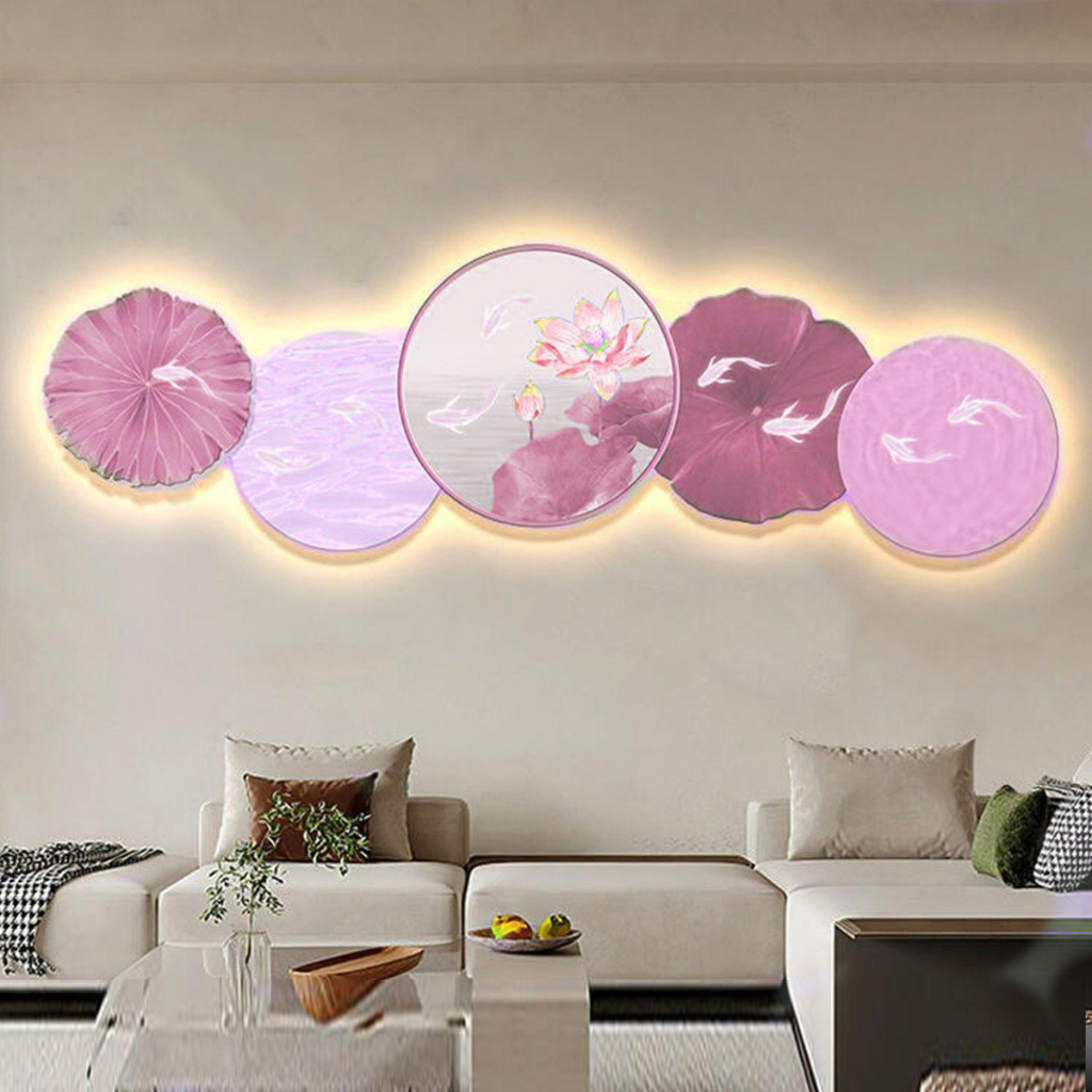 Tranh 3D LED Phong Thuỷ Hoa Sen Cửu Ngư Trang Trí Phòng Khách, Quán Tiệm Shop OHA Decor