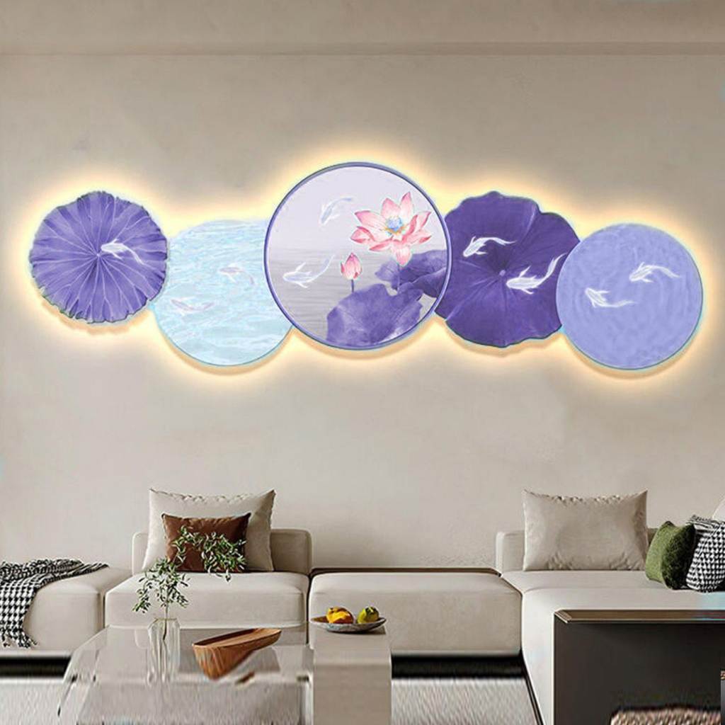 Tranh 3D LED Phong Thuỷ Hoa Sen Cửu Ngư Trang Trí Phòng Khách, Quán Tiệm Shop OHA Decor