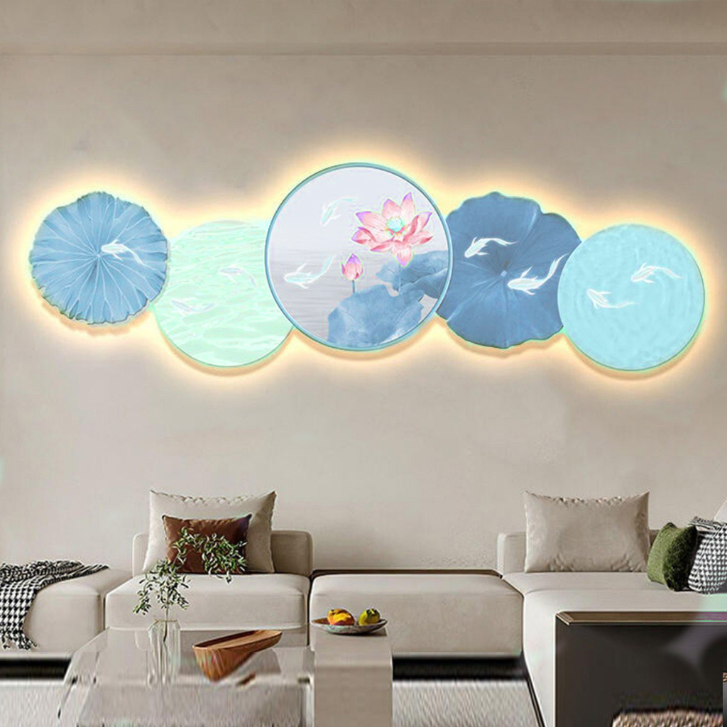 Tranh 3D LED Phong Thuỷ Hoa Sen Cửu Ngư Trang Trí Phòng Khách, Quán Tiệm Shop OHA Decor