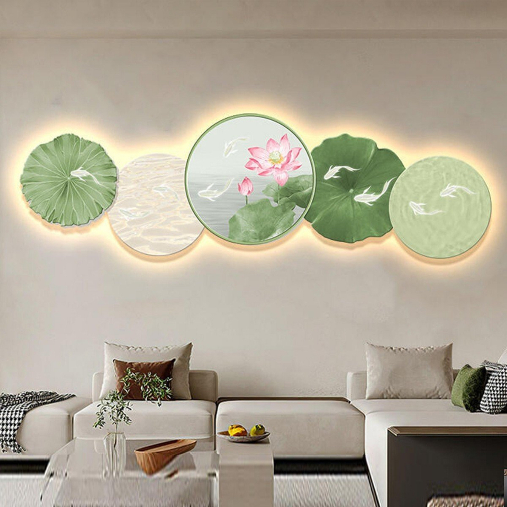 Tranh 3D LED Phong Thuỷ Hoa Sen Cửu Ngư Trang Trí Phòng Khách, Quán Tiệm Shop OHA Decor