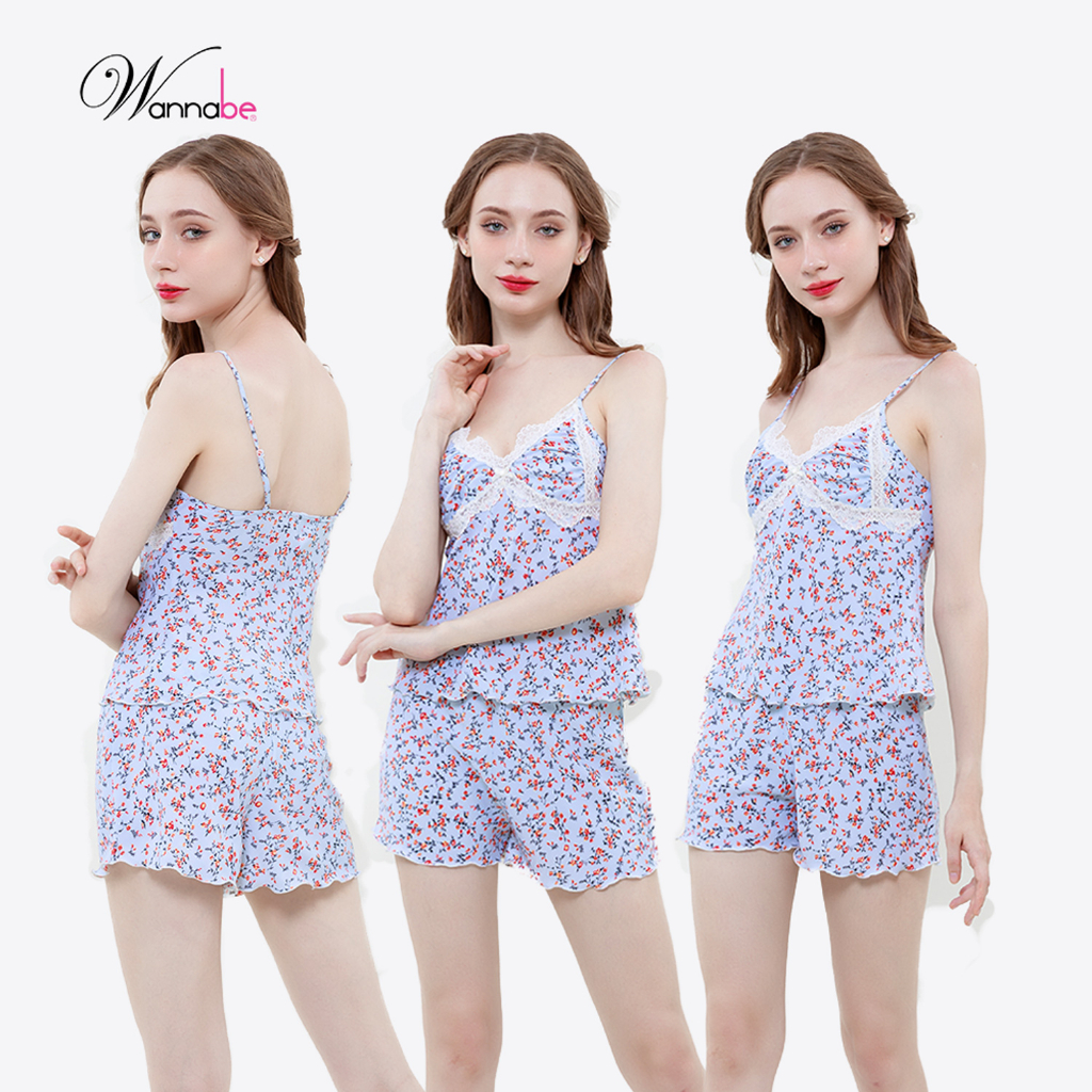 Đồ bộ mặc nhà WANNABE BSS93 đồ bộ quần sọt mặc với áo ngủ 2 dây nhúng phồng cúp ngực phối ren lượn sóng tạo sự đầy đặn