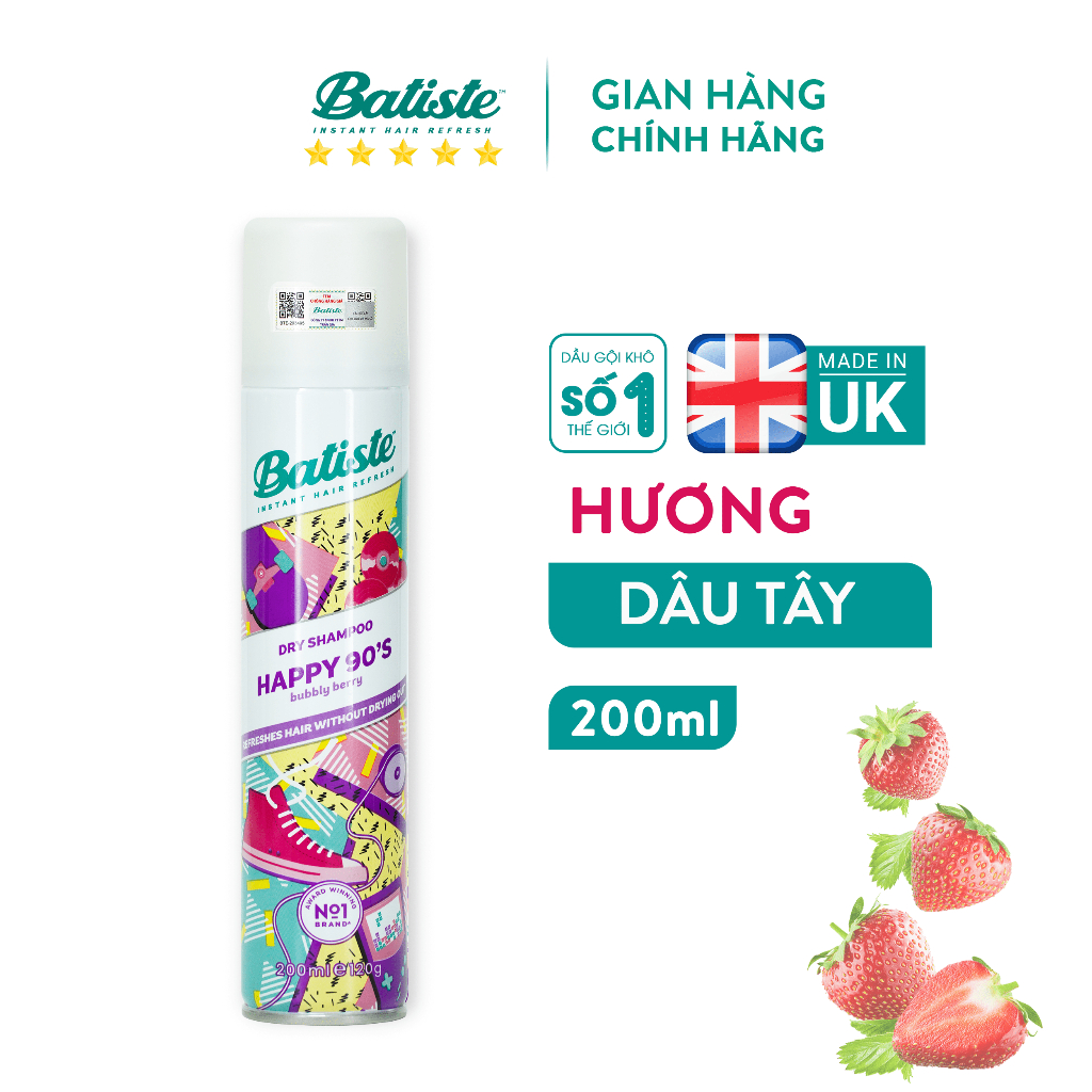 Dầu Gội Khô Batiste Hương Dâu Tây - Batiste Dry Shampoo Happy 90s Bubbly Berry 200ml