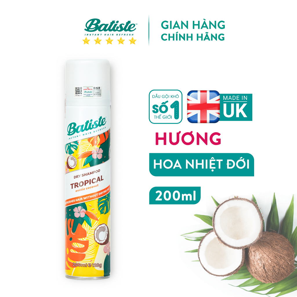 Dầu Gội Khô Batiste Hương Hoa Nhiệt Đới - Batiste Dry Shampoo Coconut & Exotic Tropical 200ml