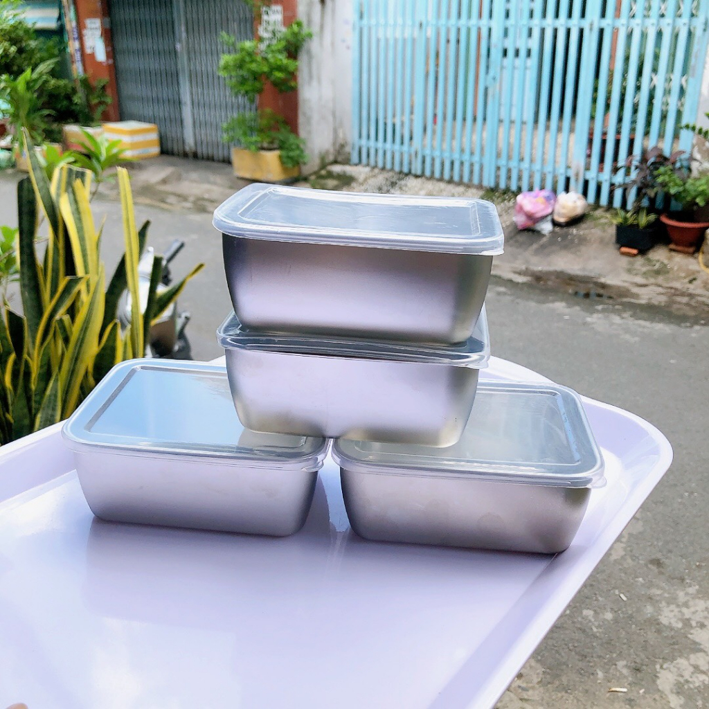 Sét 4hộp inox Có Nắp Nhựa đựng Thực Phẩm (Nhật Bản) - Hộp Inox size 13.5cm x10.5cm x5.6cm