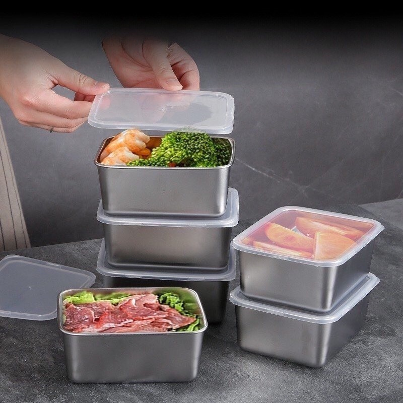 Sét 4hộp inox Có Nắp Nhựa đựng Thực Phẩm (Nhật Bản) - Hộp Inox size 13.5cm x10.5cm x5.6cm
