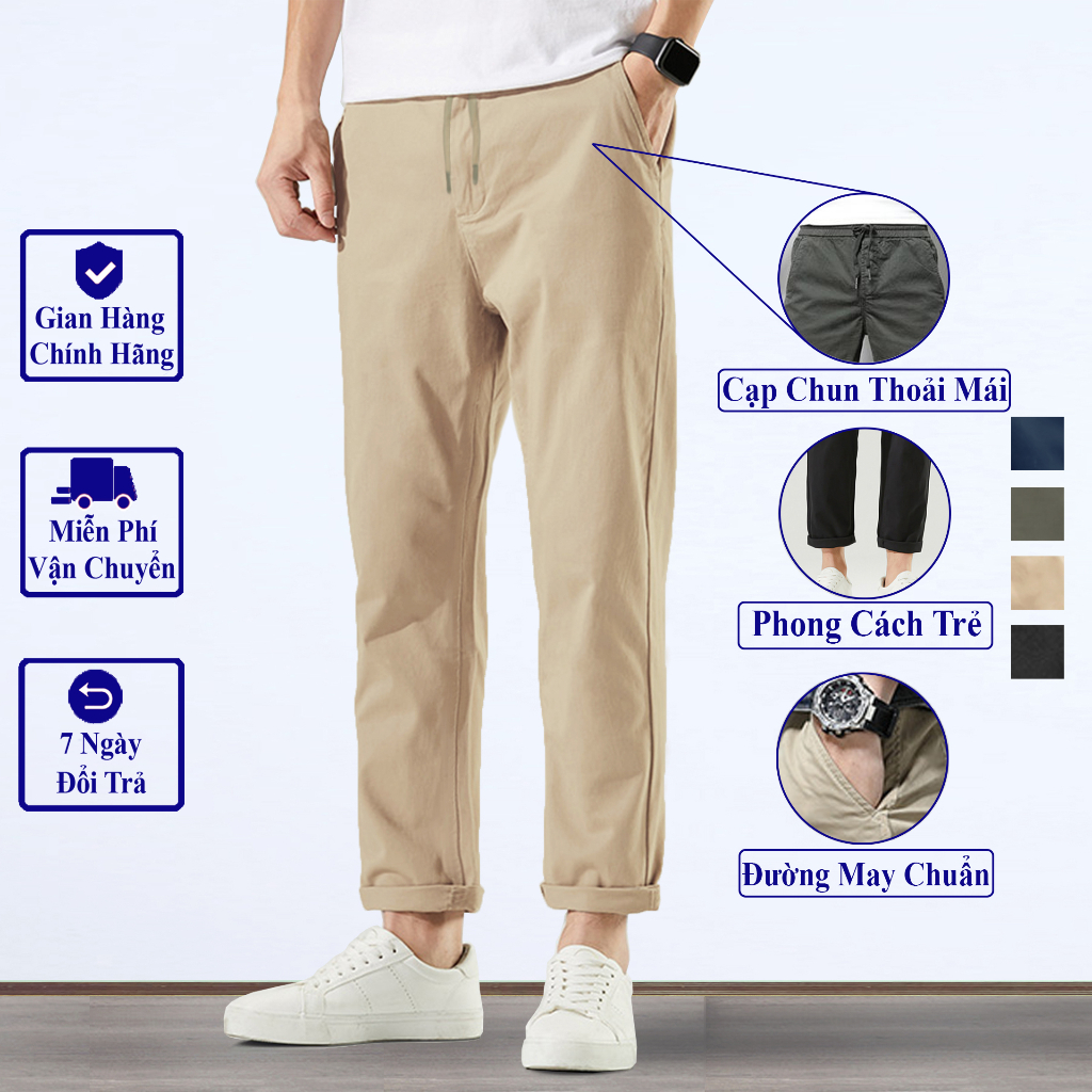 Quần Kaki Nam Form Baggy Cạp Thun Ống Đứng Vicenzo Vải Kaki Cotton Mềm Sau Khi Giặt. Quần Dài Baggy Kaki Nam.