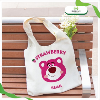 Túi gấu dâu Lotso, túi xách gấu dâu, túi canvas gấu dâu cute phong cách dễ thương đi học đi làm