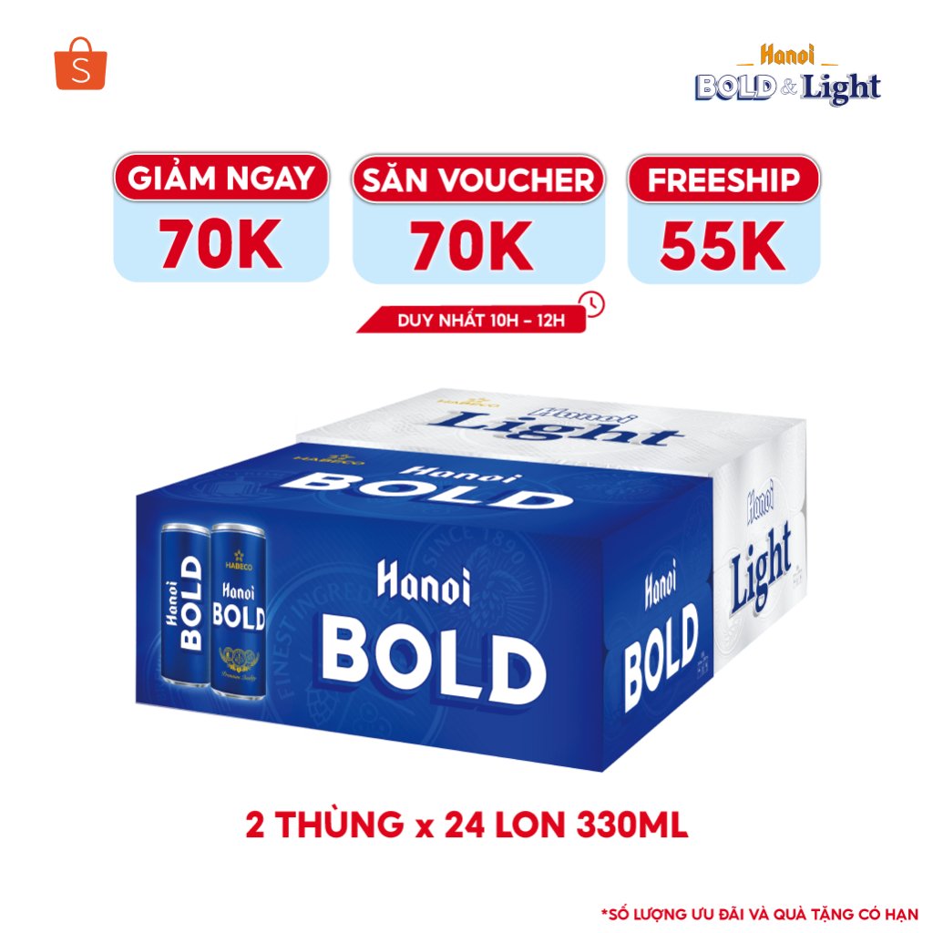[Mã BMLT100 giảm đến 100K đơn 499K] COMBO 2 Thùng 24 lon Bia Hanoi BOLD & Light – HABECO (330ml/lon)