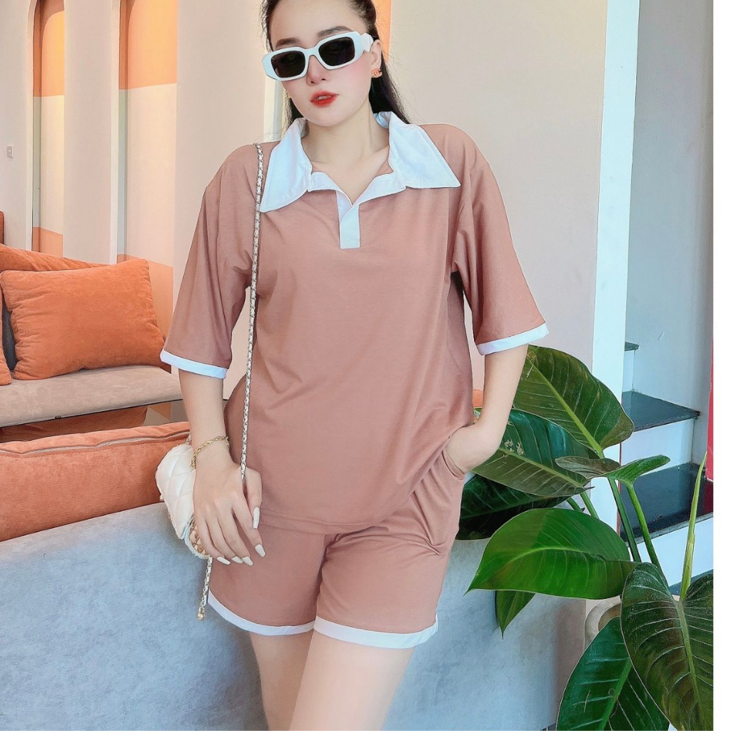 Đồ bộ nữ quần đùi bigsize áo cổ trụ polo ESHOP Đồ bộ mặc nhà thể thao quần đùi đẹp dễ thương đi chơi ngủ cute DB43