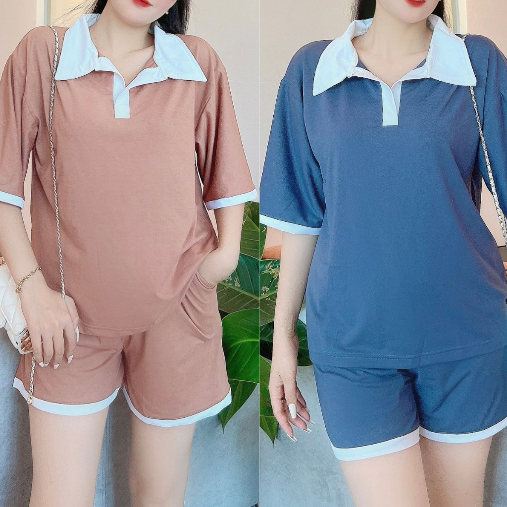 Đồ bộ nữ quần đùi bigsize áo cổ trụ polo ESHOP Đồ bộ mặc nhà thể thao quần đùi đẹp dễ thương đi chơi ngủ cute DB43