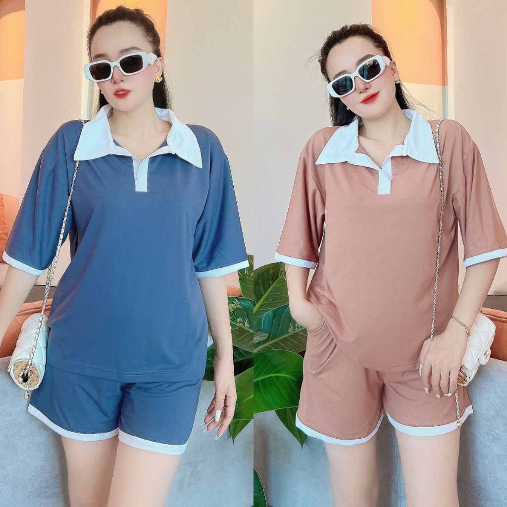 Đồ bộ nữ quần đùi bigsize áo cổ trụ polo ESHOP Đồ bộ mặc nhà thể thao quần đùi đẹp dễ thương đi chơi ngủ cute DB43