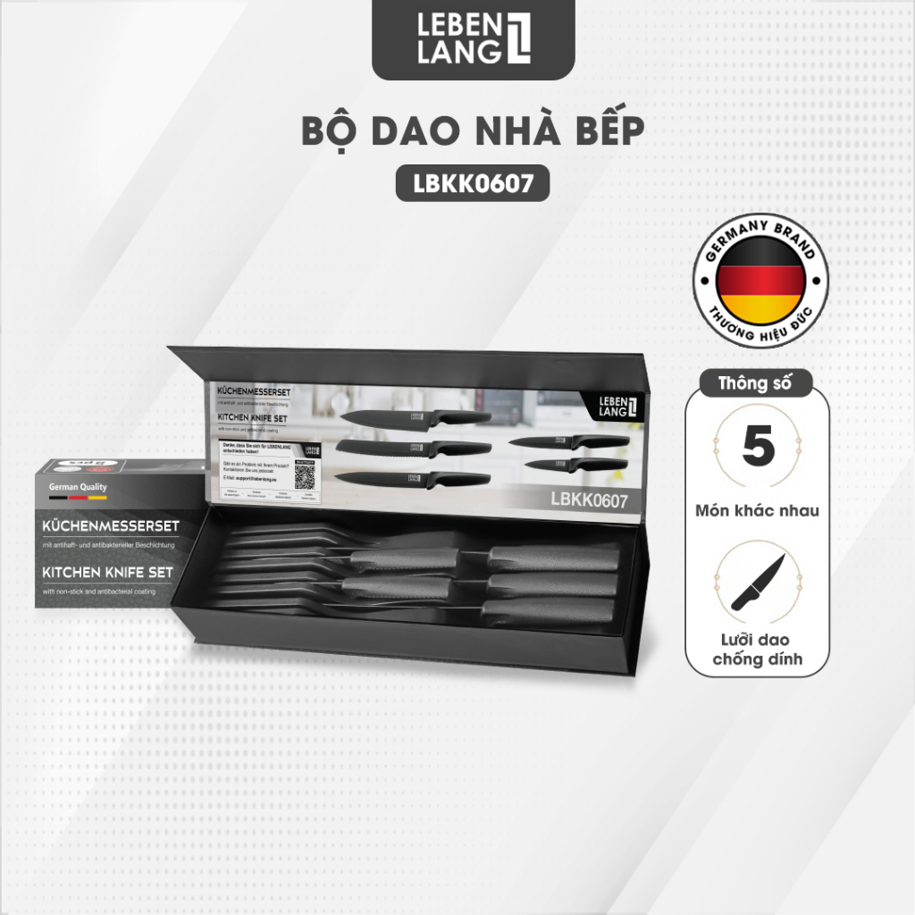 Bộ dao nhà bếp LEBENLANG LBKK0607 gồm 5 món, lưỡi dao chống dính, tay cầm chống trơn - hàng chính hãng