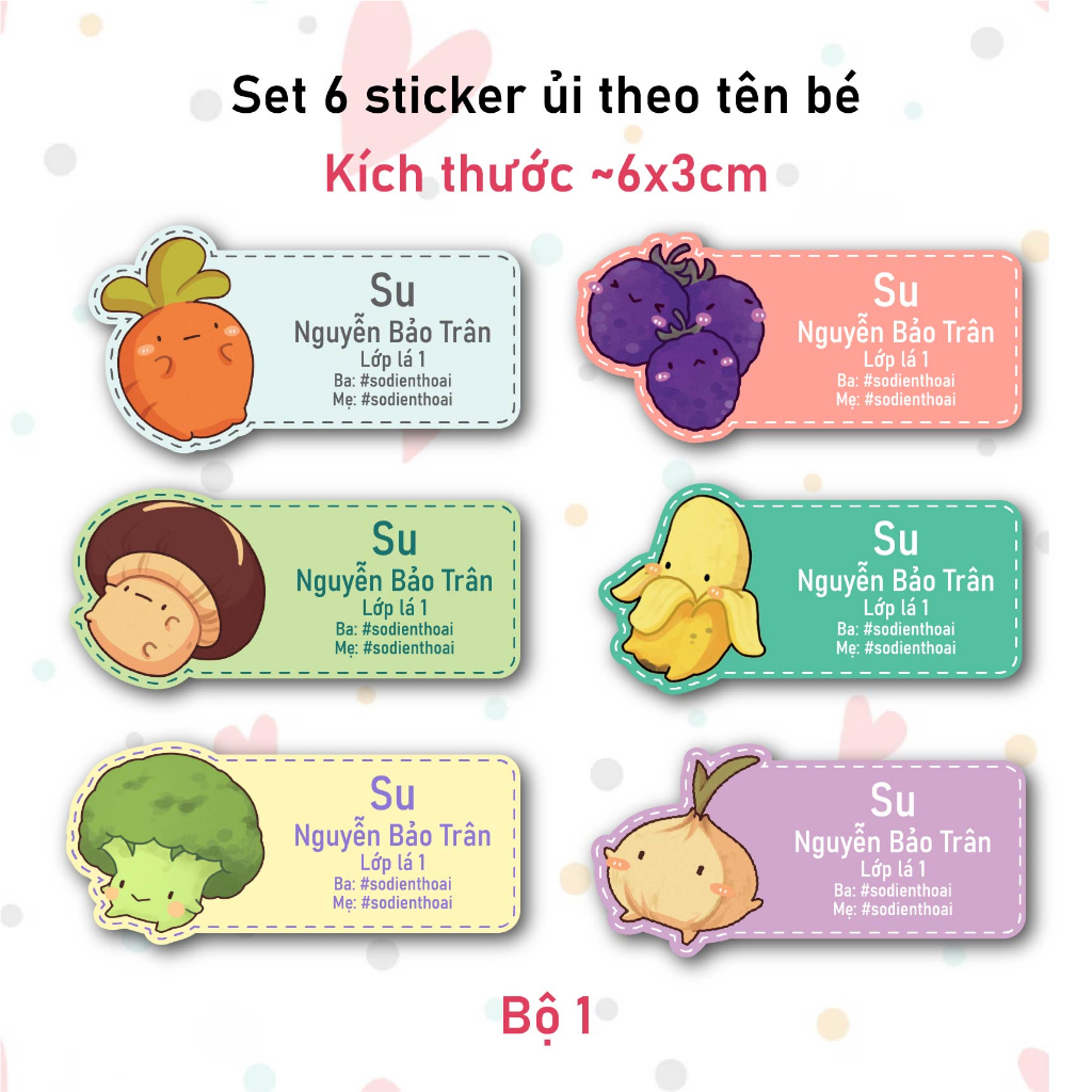 Bộ 6 Sticker Ủi In Tên Bé Mẫu Rau Củ Cute - Sticker Ủi Quần Áo, Ba lô ...