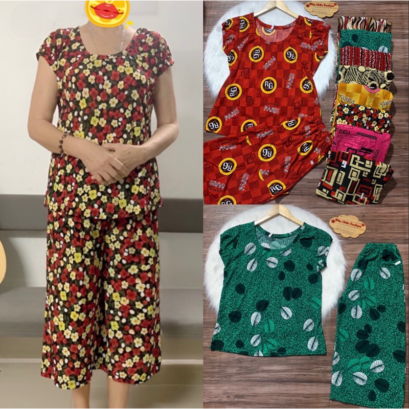 Đồ bộ trung niên thun gân tâm, đồ bộ mặc nhà quần lửng ống rộng  - K01