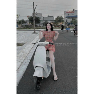 Sét bộ thời trang nữ mặc đi chơi chất xốp caro áo tay bèo cánh tiên mix quần đùi short 2 màu dễ phối đồ xinh xắn