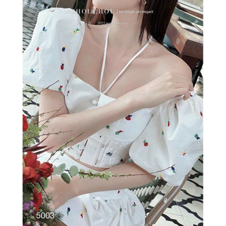 Sét váy thời trang nữ chất lụa cao cấp chuẩn fom y hình hoạ tiết hoa nhí cổ vuông tay búp crotop mix chân váy maxi xoè