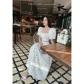 Sét váy thời trang nữ chất lụa cao cấp chuẩn fom y hình hoạ tiết hoa nhí cổ vuông tay búp crotop mix chân váy maxi xoè