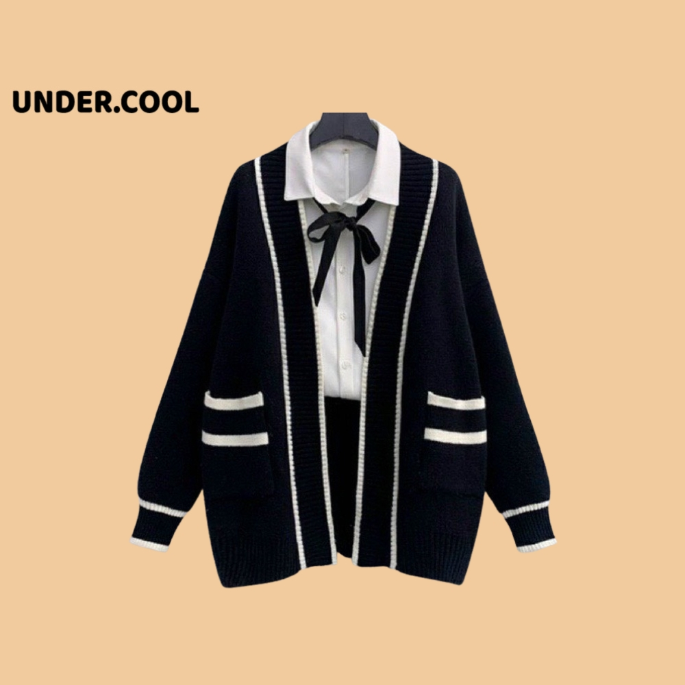 Áo Cardigan UNDERCOOL Len Nữ Dày Sọc Đen Trắng Có Túi, Cadigan dài tay form rộng Hàn Quốc AK25