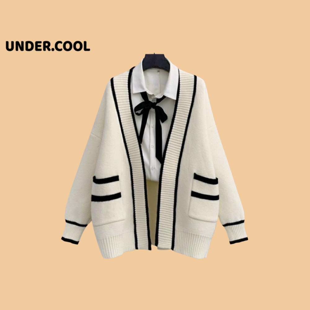 Áo Cardigan UNDERCOOL Len Nữ Dày Sọc Đen Trắng Có Túi, Cadigan dài tay form rộng Hàn Quốc AK25
